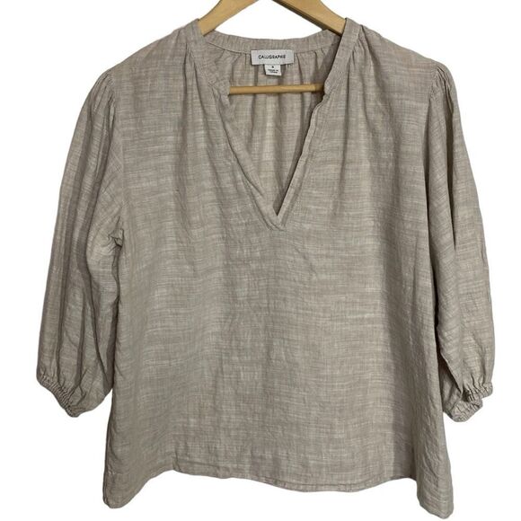 CALLIGRAPHIES Linen Blend Puff Sleeve Natural Top Blouse Taupe - Picture 2 of 6